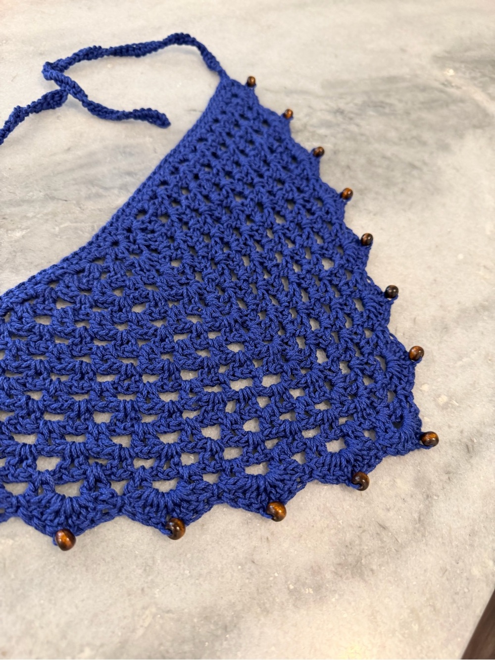 Handmade Crochet Wood Beaded Kerchief Head Scarf Cotton Boho Bandana Cottagecore